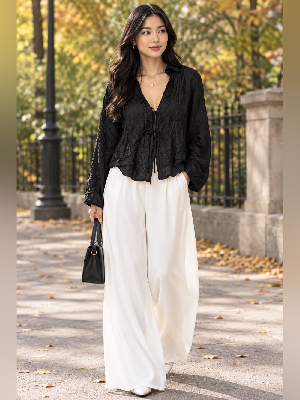 ZARA Crinkle Satin Front Tie Blouse